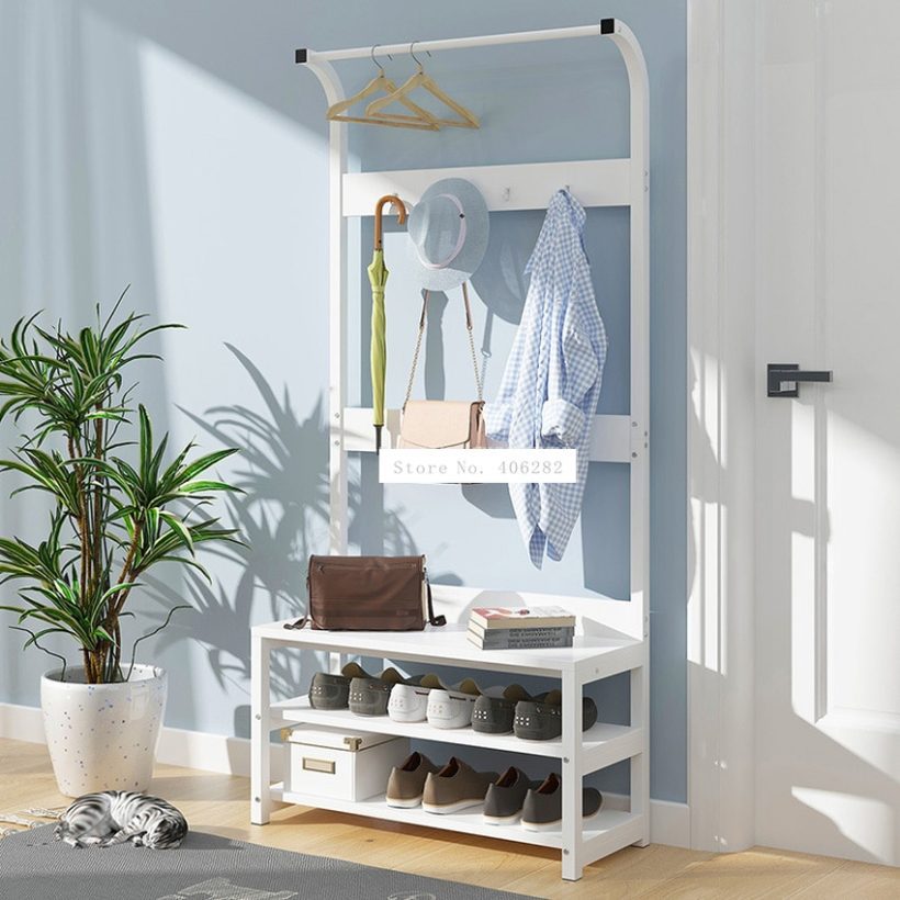 Simple Multi-Hook Clothing and Shoes Stand Rack Wood
