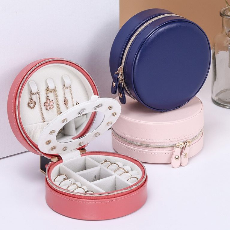 Portable Round Jewelry Box Travel Zipper PU Leather