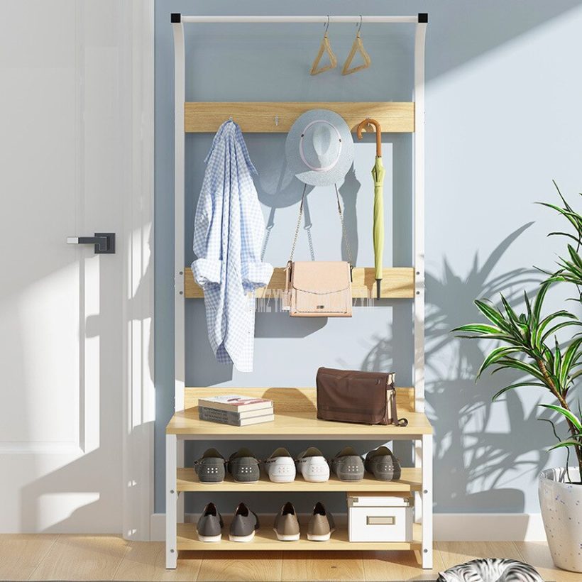 170cm Simple Multi-Hook Clothing and Shoes Stand Rack Wood