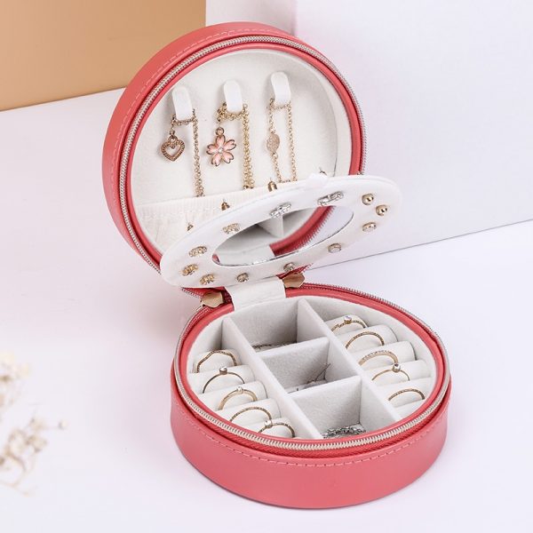 Portable Round Jewelry Box Travel Zipper PU Leather