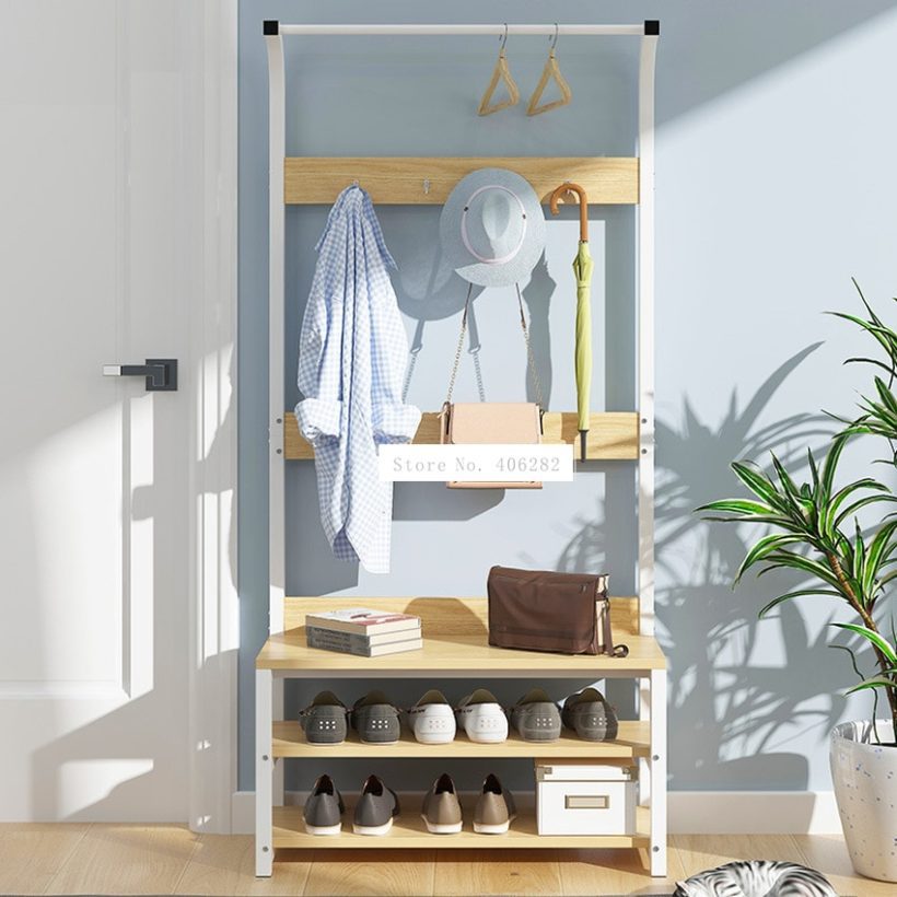 Simple Multi-Hook Clothing and Shoes Stand Rack Wood
