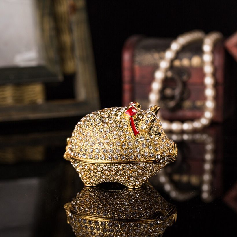 Qifu Handicraft cute pig fill of diamonds metal jewelry box