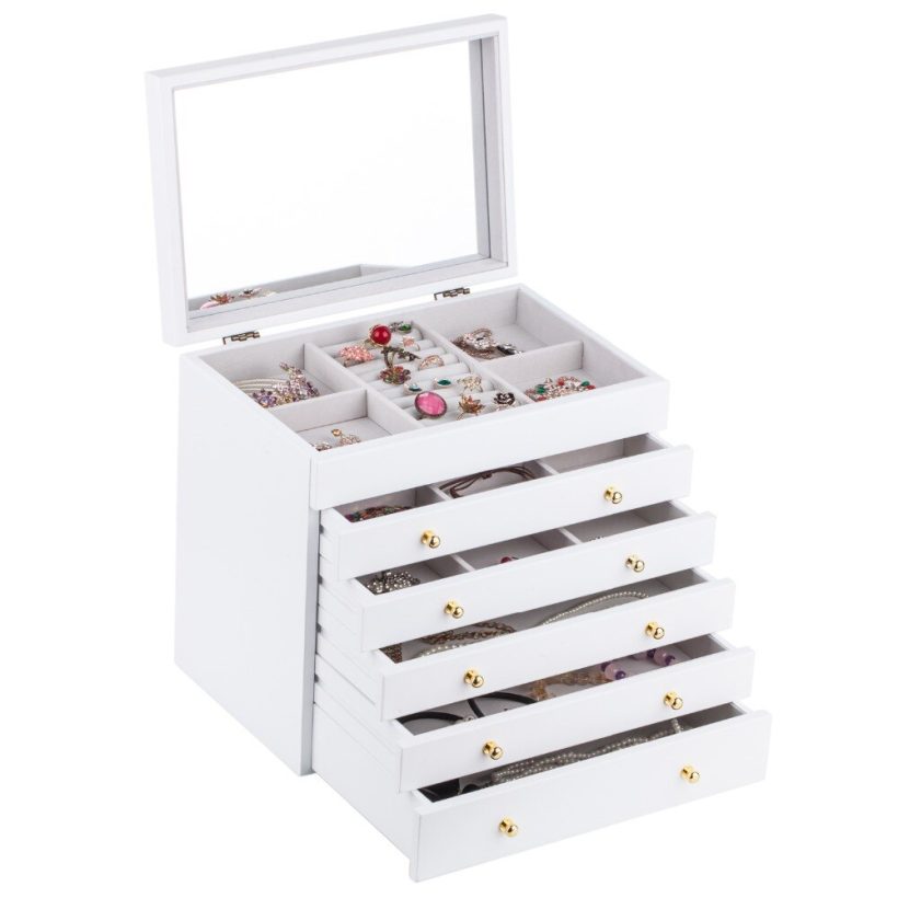 White Large Wooden Jewelry Box Velvet