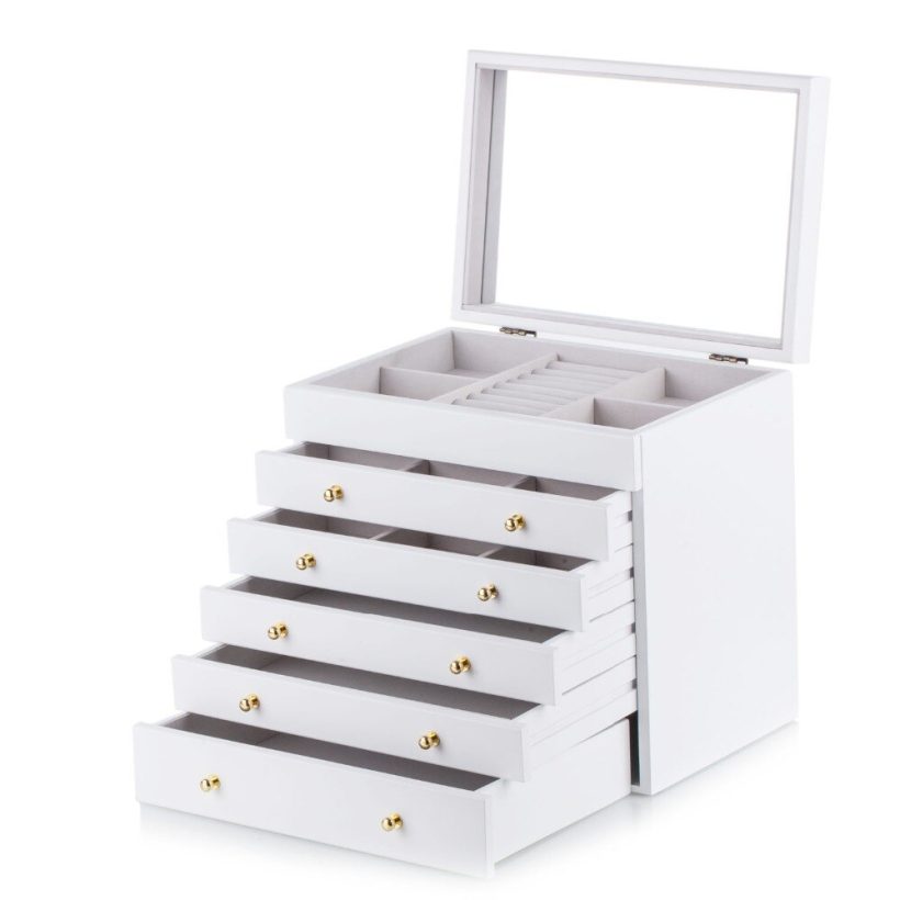 White Large Wooden Jewelry Box Velvet