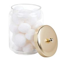 mDesign Glass Bathroom Vanity Storage Organizer Apothecary Canister Jar for Cotton Swabs, Cotton Rounds, Cotton Balls, Makeup Sponges, Bath Salts - Clear/Soft Brass
