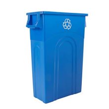 Blue 23-gallon slim recycling bin with tall, narrow design, bag cinch, and vented sides for easy bag removal.