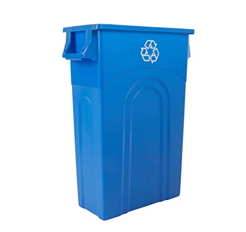 Blue 23-gallon slim recycling bin with tall, narrow design, bag cinch, and vented sides for easy bag removal.