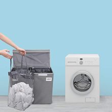 Effortless Laundry Sorting and Storage with Smart Elf Double Laundry Hamper in Linen Grey