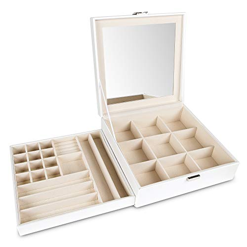 Jewelry Box Organizer Storage Display with Lock and Built-In Mirror