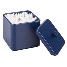 mDesign Metal Bathroom Vanity Countertop Storage Organizer Canister Apothecary Jar for Cotton Swabs, Rounds, Balls, Makeup Sponges, Blenders, Bath Salts - Square - Navy Blue