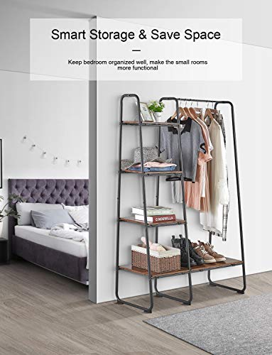 Clothing Rack with 5 Wood Shelves and Hanging Bar