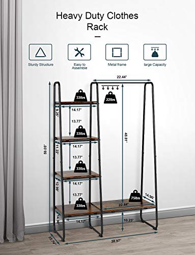 Clothing Rack with 5 Wood Shelves and Hanging Bar