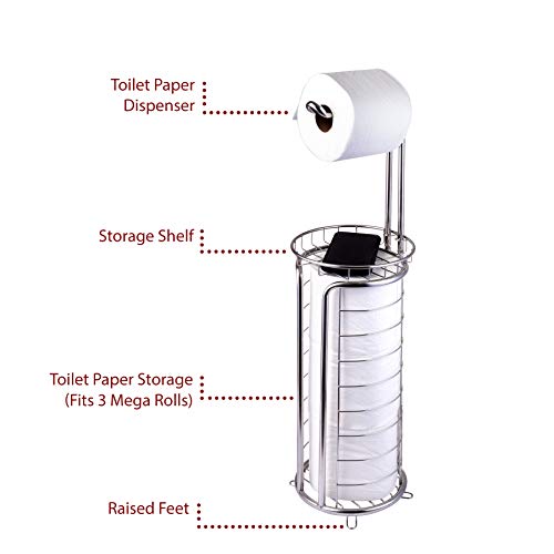 Free Standing Toilet Tissue Paper Holder with Dispenser and Storage Shelf – Stainless Steel