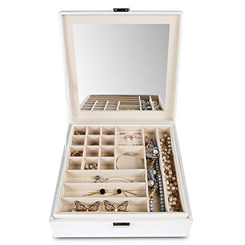 Jewelry Box Organizer Storage Display with Lock and Built-In Mirror