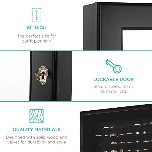 Greatest Alternative Full-Length Tilting Mirrored Jewelry Armoire with Velvet Lining – Lockable, 48 Necklace Hooks, Adjustable Tilt & Ample Storage