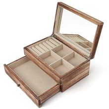 Vintage Jewelry Organizer Box for Ladies – 2-Layer Wooden Jewelry Display with Mirror & Ring Tray