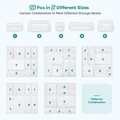 Kootek 16 Pcs Desk Drawer Organizer Set 5-Size Bathroom Drawer