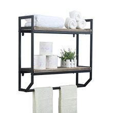 Industrial 2-Tier Wall Mounted Bathroom Shelves with Towel Bar – Black Brush Silver