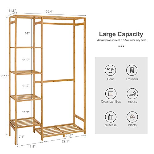 COOGOU Bamboo Garment Rack with Shelves – Heavy Duty Clothing Organizer for Entryway, Bedroom, and Store