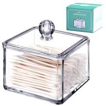 Modern Square Qtip Holder Acrylic Bathroom Vanity Countertop Storage Organizer Canister Jar for Cotton Swabs, Rounds, Balls, Makeup Sponges, Bath Salts - 2 Pack - Clear