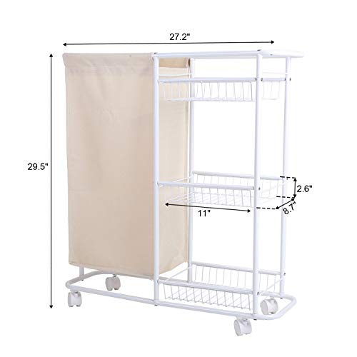 White Rolling Laundry Storage Cart with Heavy-Duty wheels