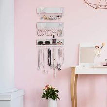 Wall Mounted Acrylic Mirror Jewelry Organizer – 3-Piece Set with 28 Hooks, Bracelet Rod, and Necklace Holder for Efficient Jewelry Storage
