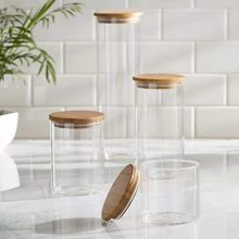 Canister Set of 5, Glass Kitchen Canisters with Airtight Bamboo Lid