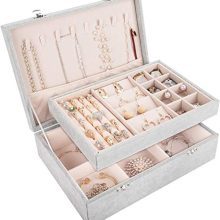 Elegant grey velvet jewelry box with dual layers, compartments for necklaces, rings, and bracelets, secured with silver locks