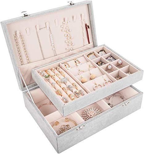 Elegant grey velvet jewelry box with dual layers, compartments for necklaces, rings, and bracelets, secured with silver locks