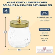Glass Vanity Canisters with Gold Lids, Mason Jar Bathroom Set