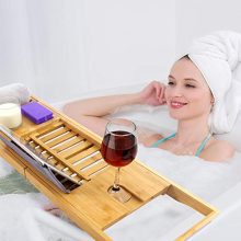 PURENJOY Bamboo Bathtub Tray Caddy with Wine, Book and Soap Holder