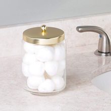 mDesign Glass Bathroom Vanity Storage Organizer Apothecary Canister Jar for Cotton Swabs, Cotton Rounds, Cotton Balls, Makeup Sponges, Bath Salts - Clear/Soft Brass