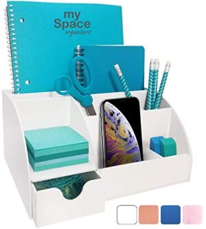 Office Desk Organizer, White Acrylic, with Drawer, 9 Compartments, All in One Office Supplies and Cool Desk Accessories Organizer, Pen Holder, Enhance Your Office Decor Desktop Organizer (White)
