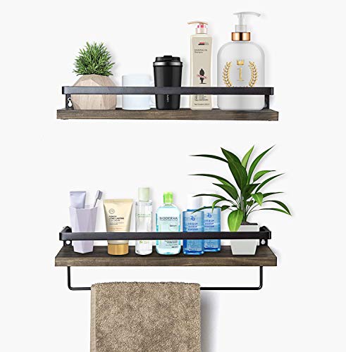 Rustic Floating Wall Shelves with Rails, Set of 2 Wood Wall Storage