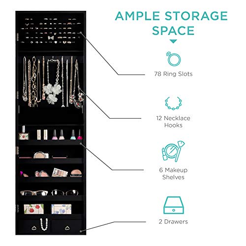 Greatest Alternative Full-Length Tilting Mirrored Jewelry Armoire with Velvet Lining – Lockable, 48 Necklace Hooks, Adjustable Tilt & Ample Storage