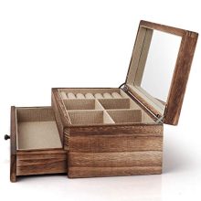 Vintage Jewelry Organizer Box for Ladies – 2-Layer Wooden Jewelry Display with Mirror & Ring Tray