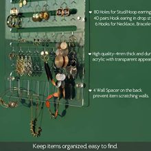 Wall Hanging Earring Organizer – Acrylic Jewelry Display Rack with 96 Holes and 6 Hooks for Necklaces, Bracelets, and Accessories