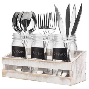 Whitewashed Wood Utensil Holder Organizer Tray