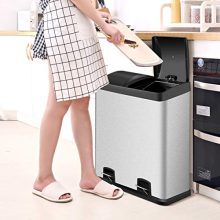 Double Compartment 16 Gallon Stainless Steel Pedal Trash Can - 2 x 30L Removable Buckets for Easy Waste Classification