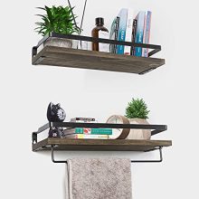 Rustic Floating Wall Shelves with Rails, Set of 2 Wood Wall Storage