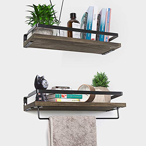 Rustic Floating Wall Shelves with Rails, Set of 2 Wood Wall Storage