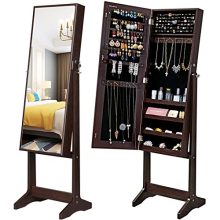 Full-Size Mirror Jewelry Cupboard with Large Storage & Lockable Organizer – Dark Brown