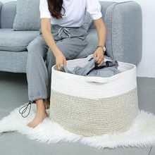 Large 22x22x14 Inch Woven Storage for Blankets and Toys - Stylish Nursery Laundry Hamper in White & Light Brown