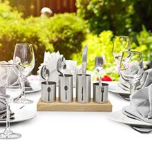 Stainless Steel Silverware Caddy with Bamboo Base for Kitchen & Entertaining