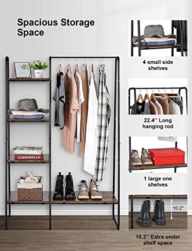 Clothing Rack with 5 Wood Shelves and Hanging Bar
