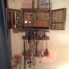 Rustic Wall Mounted Jewelry Organizer – Vintage Wooden Jewelry Holder with Barn Door Decor & Hook Organizer