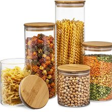 Canister Set of 5, Glass Kitchen Canisters with Airtight Bamboo Lid