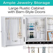 Rustic Wall Mounted Jewelry Organizer with Wooden Barndoor Decor.