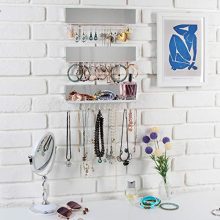 Wall Mounted Acrylic Mirror Jewelry Organizer – 3-Piece Set with 28 Hooks, Bracelet Rod, and Necklace Holder for Efficient Jewelry Storage