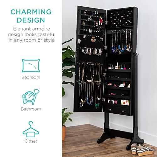 Greatest Alternative Full-Length Tilting Mirrored Jewelry Armoire with Velvet Lining – Lockable, 48 Necklace Hooks, Adjustable Tilt & Ample Storage